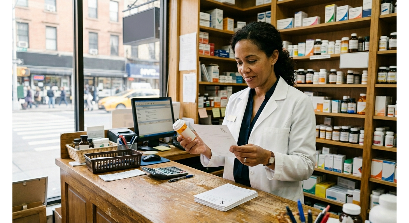 Pharmacist reviewing a prescription at an independent NYC pharmacy counter